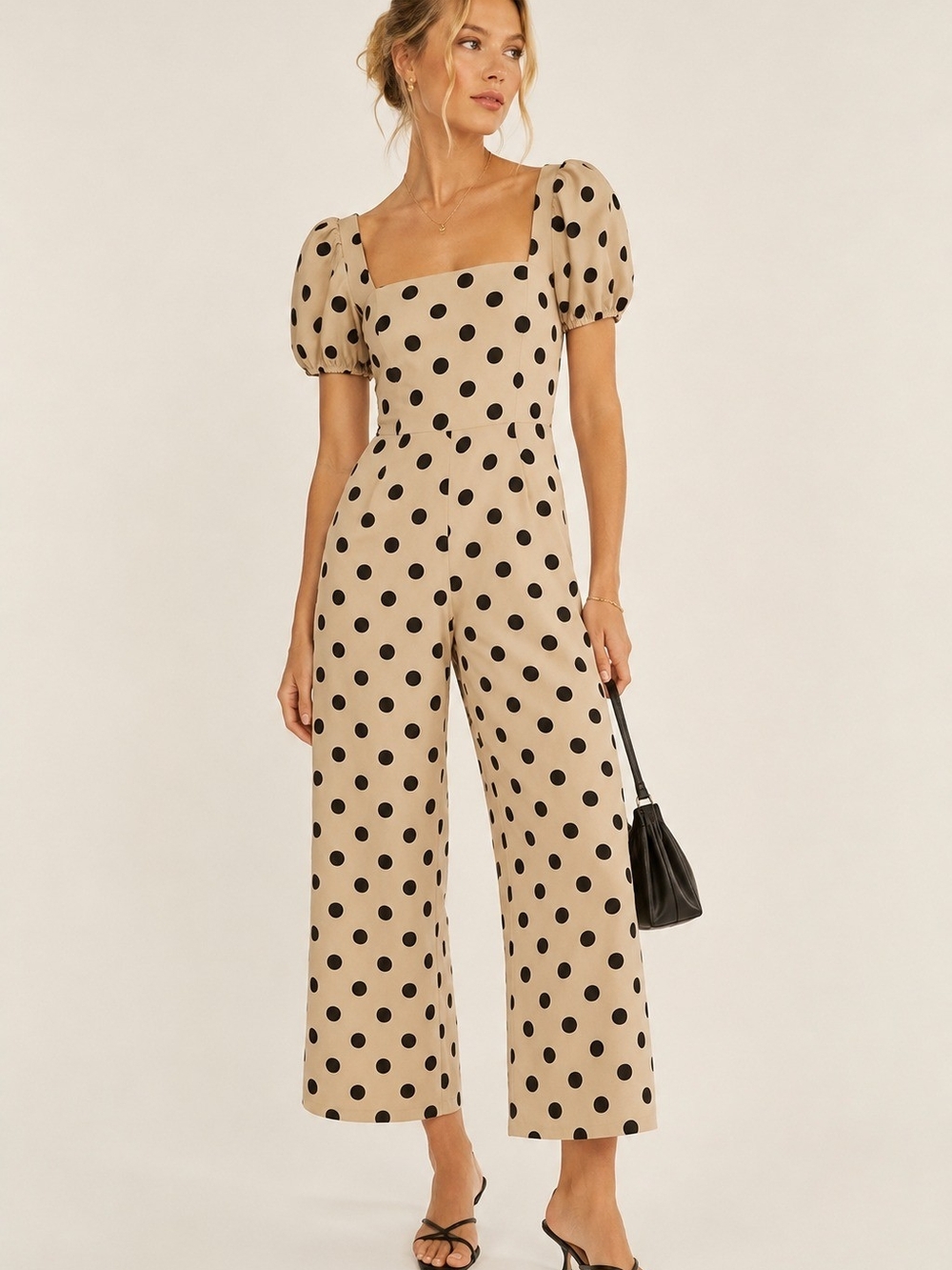 MANGO Beige Polka Dot Jumpsuit Wide Leg Short Sleeve Resortwear Summer Old Money